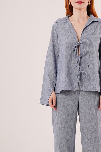 Moda Asmira    Front Tie Detailed Trousers and Shirt Indigo Double Set