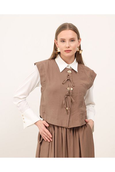 Molly Nelly Women's Summer Tie-Up Brown Vest Skirt Suit