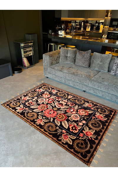 Rugs Modern Halı Royal Karma Çiçek Motifleri Desenli Püskül Detaylı Dokuma Ta...