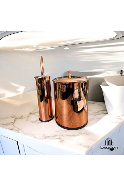 İSAOĞLU YAPI Copper Dustbin Copper Bath Brush Complete Set Bronze Metal Rustproof Vintage Design