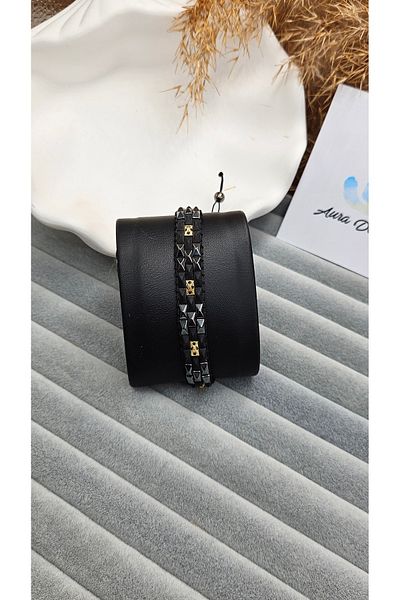 AURA Custom Design Men's Bracelet, Hematite and Zircon Stone Macrame Bracelet