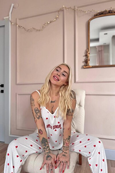 Pijamaevi Red Heart Printed Rope Strap Knitted Women's Pajama Set