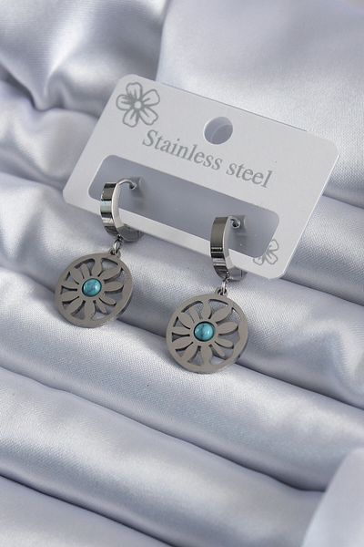 NEZADE STORE 316L Steel Silver Color Daisy Model Blue Stone Detail Women's Earrings - Lisinya