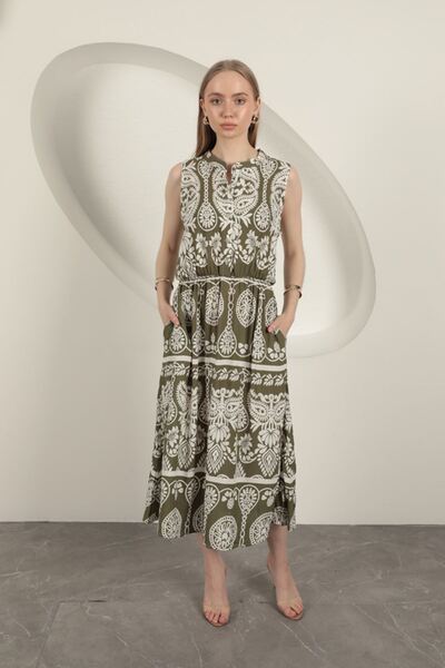 Lukas Viscose Fabric Ethnic Patterned Dress-Khaki