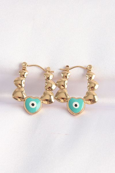 NEZADE STORE 316L Steel Gold Color Blue Evil Eye Heart Model Earrings - Lisinya