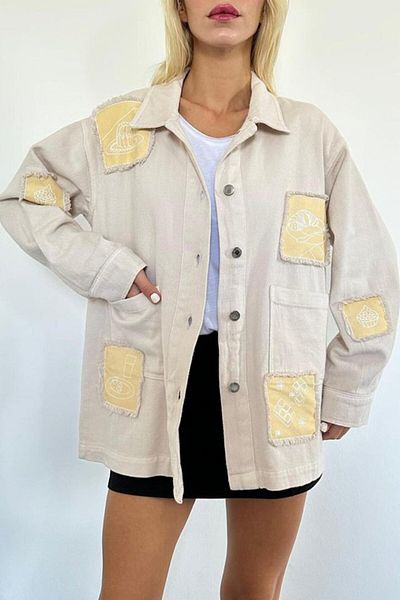 BEYD Beige Gabardine Shirt Jacket with Crest Detail
