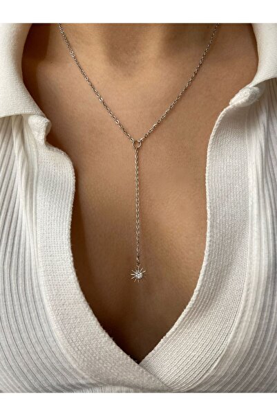 Arsaley Collection Taşlı Güneş Charm Dekolte Y Gümüş Çelik Kolye