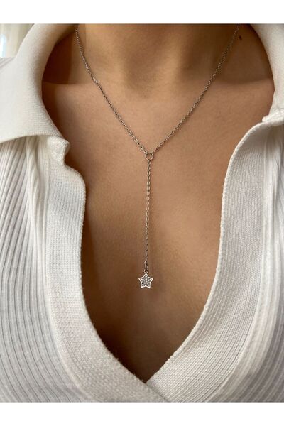 Arsaley Collection Gümüş Taşlı Yıldız Plaka Charm Dekolte Y Çelik Kolye