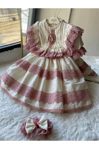 Sare Çocuk Giyim Girl's Special Design Vintage Powder Lace Antiallergic Princess Evening Dress + Buckle