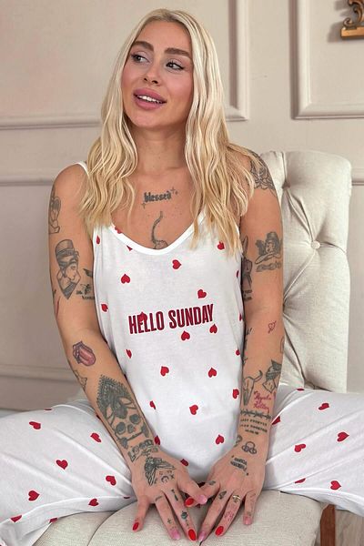 Pijamaevi Red Heart Printed Rope Strap Knitted Women's Pajama Set