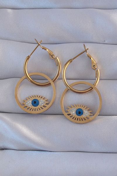 NEZADE STORE 316L Steel Gold Color Zircon Stone Blue Eye Design Hoop Earrings - Lisinya
