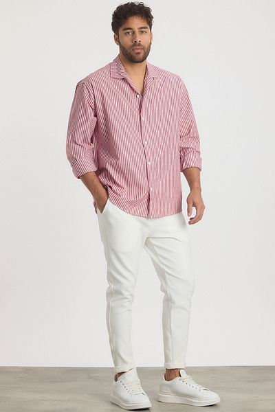 MADZEYMODA Premium Men's Striped Red Linen Shirt Ls-13024