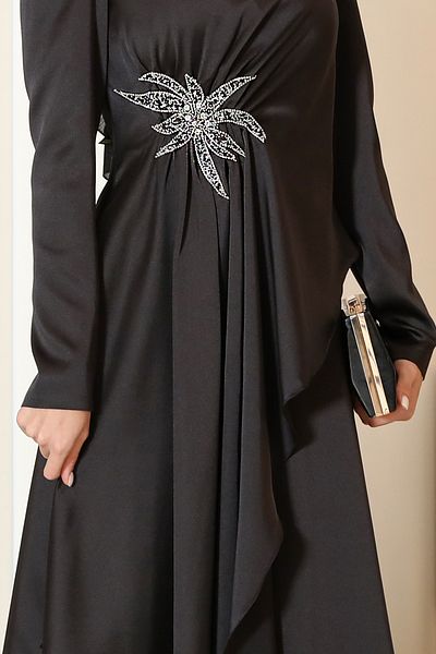 FUVAL MODA Rosa Waist Stone Detailed Hijab Evening Dress