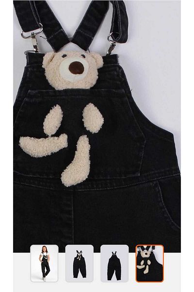 OliveYouMom Girl's Teddy Bear Detailed Denim Denim Salopet Jumpsuit