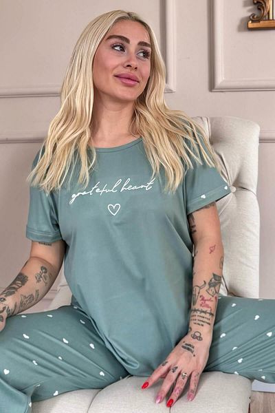 Pijamaevi Zelená sada dámského pyžama s krátkým rukávem se vzorem Grateful Heart