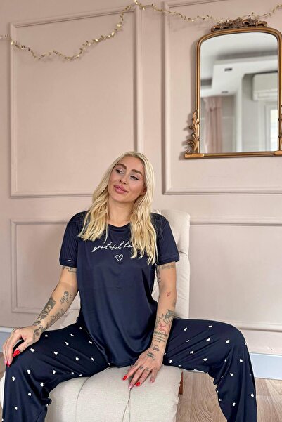 Pijamaevi Σετ γυναικείες πιτζάμες με κοντό μανίκι μπαμπού με μοτίβο Navy Blue Grateful Heart