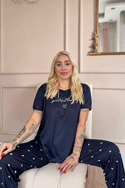 Pijamaevi Σετ γυναικείες πιτζάμες με κοντό μανίκι μπαμπού με μοτίβο Navy Blue Grateful Heart