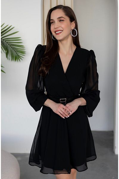 Afiş Butik Black Belted Chiffon Mini Dress