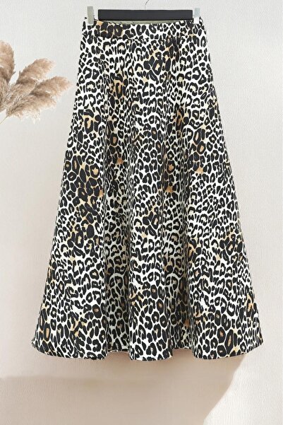 Bold Grup Women's Leopard Patterned Scuba Mevlana Flared Skirt