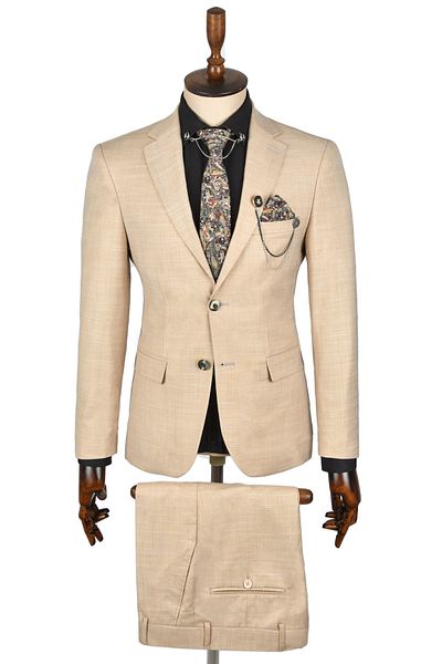 Rizz up Men's Beige Double Button Double Slit Regular Cut 2'Li Suit 2300375
