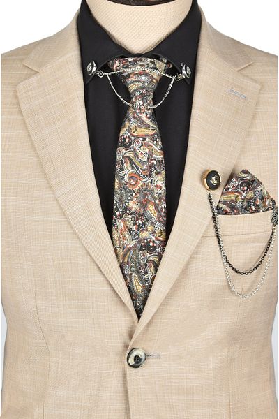 Rizz up Men's Beige Double Button Double Slit Regular Cut 2'Li Suit 2300375
