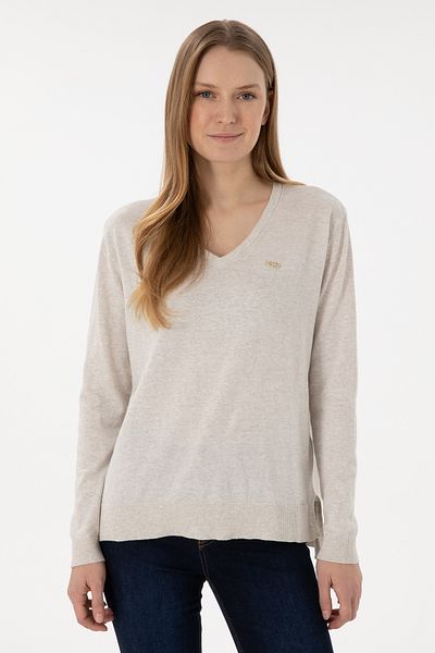 U.S. Polo Assn. Women's Stone Melange V-Neck Basic Sweater 50293543 -Vr225