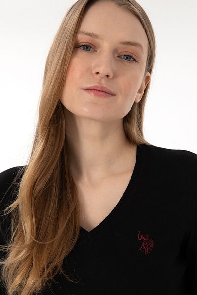 U.S. Polo Assn. Pulover de bază negru cu decolteu în V de damă 50293542 -VR046