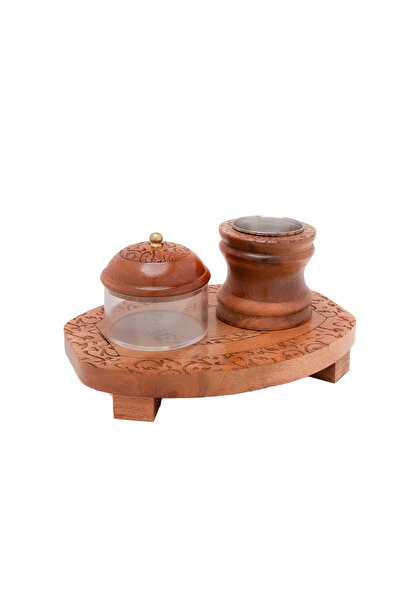 Mejmer Dark Brown Wooden Incense Burner with Arabic Lettering Decorations - 3...