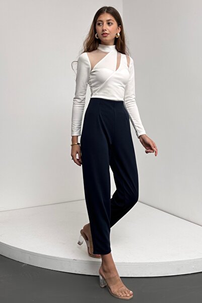 Caddebostan Moda Жіночі брюки з високою талією, синього кольору, з вузькими штанинами та еластичною талією