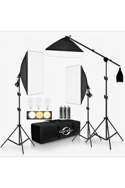 glanfen Photography Softbox Kit with 3x200W Bulbs & Carry Bag for Portrait Product Shooting