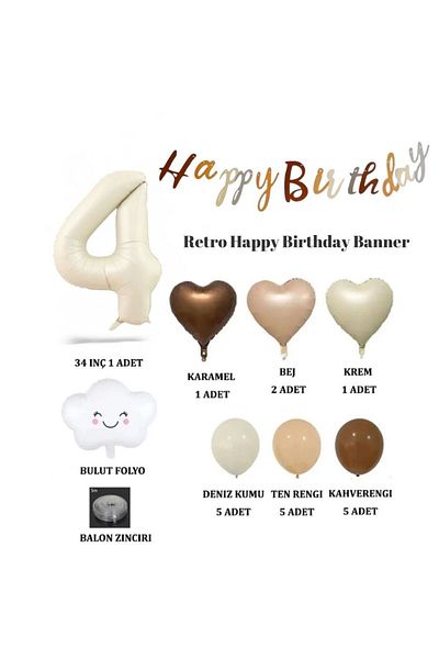 Konsept Sepeti Retro Birthday Banner Cloud Stream Balloon Heart Beige Party Set