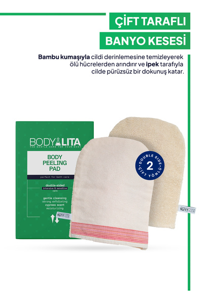 bodylita Çift Taraflı Banyo Kesesi, İpek ve Bambu Taraflı Duş Kesesi