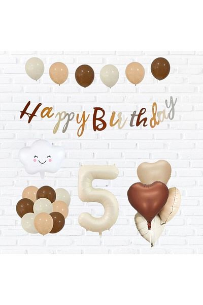 Konsept Sepeti Retro Birthday Banner Cloud Stream Balloon Heart Beige Party Set