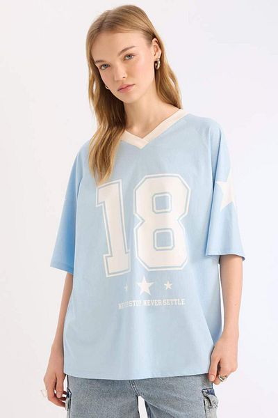 DeFacto Tricou cu mânecă scurtă imprimat cu decolteu în V, sezon nou, Coool Oversize