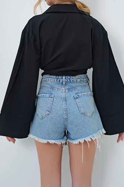 VAGGON Női fekete széles mandzsetta ujjú részletes nyakkendő elöl poplin ing Prmx13750