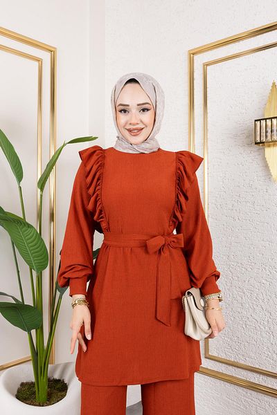 Moda Ebva Orang Ruffle Detail Hijab Suit-3131