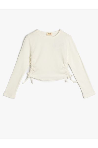 Koton Long Sleeve Crop T-Shirt Tie-Up Side Gathered Crew Neck Cotton
