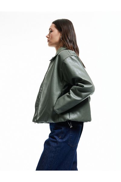 Koton Classic Collar Zippered Leather Look Pocket Detailed Jacket