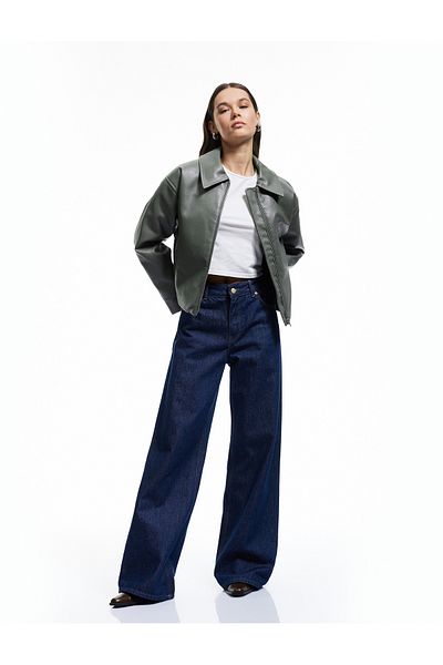 Koton Classic Collar Zippered Leather Look Pocket Detailed Jacket