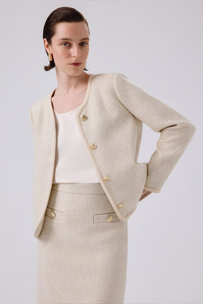 Triko Mısırlı Bone Gold Buttoned Tweed Women's Jacket