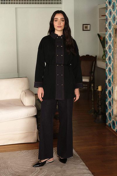 Hooopstore Denim Garni Detailed Mercerized Long Black Cardigan