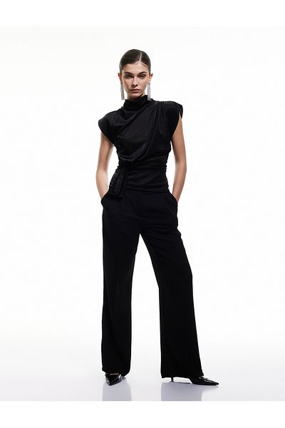 Koton Glittery Sleeveless Stand Collar Evening Dress Blouse with Binding Detail