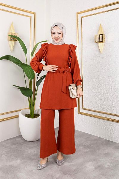 Moda Ebva Orang Ruffle Detail Hijab Suit-3131
