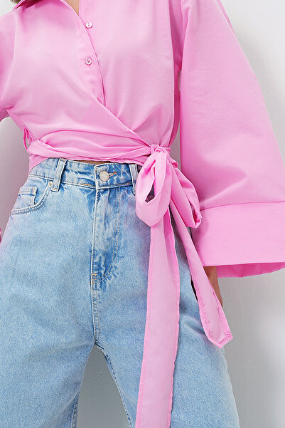 VAGGON Kadın Pembe Geniş Manşetli Kol Detaylı Önü Bağlamalı Poplin Gömlek Prmx13750