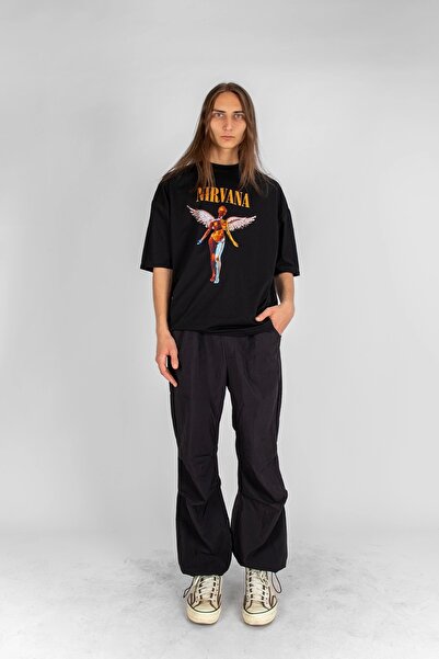 Sekizbiraltı Μπλουζάκι Nirvana Angel με στάμπα Oversize Unisex μαύρο μπλουζάκι