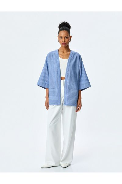 Koton V-Neck Pocket Detailed Oversize Striped Double Breasted Kimono
