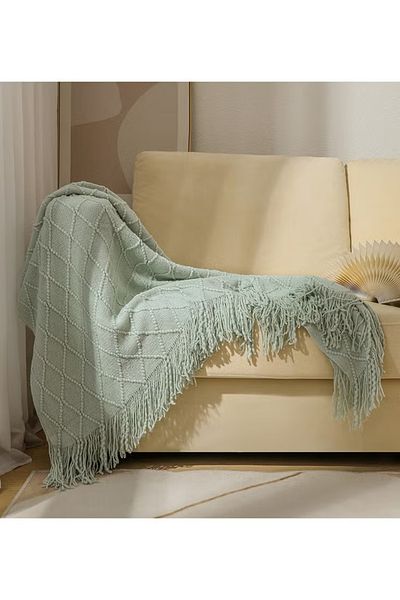 COOYA Knitted Throw Blankets, Warm Woven Blanket with Tassels for Couch Sofa  (130x170cm, Mint Green)