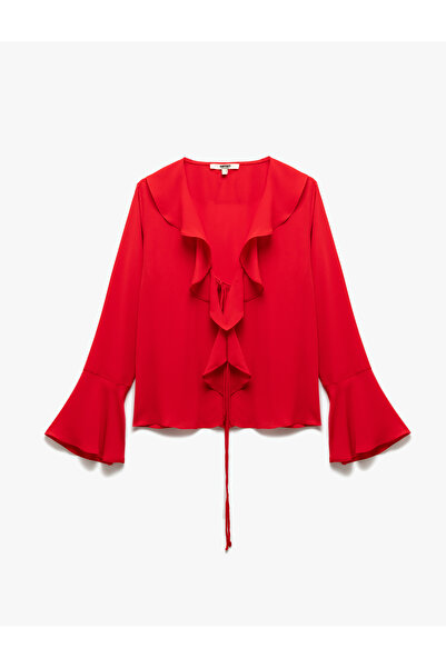 Koton Long Spanish Sleeve V-Neck Bow Detail Tie-Up Crepe Ruffle Shirt