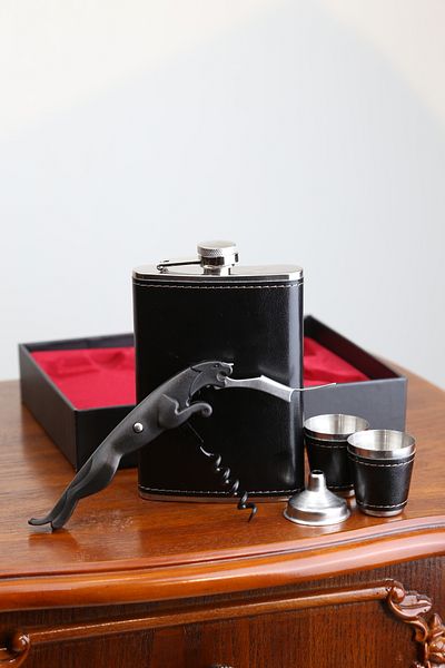 imsaconcept Black Flask Set with 2 Shot Glasses, Funnel and Corkscrew with Tiger Figure 8.oz Gift for Lover