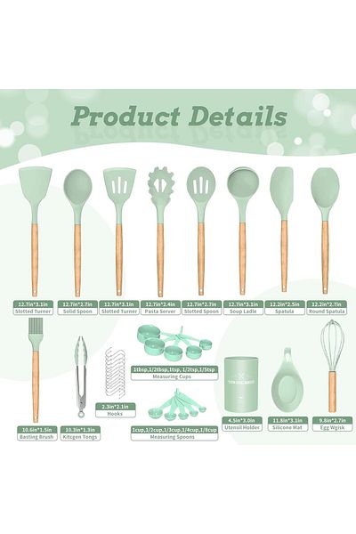 COOYA Kitchen Utensils Set, 35 Piece, Food Grade, Heat Resistant Nonstick, Wooden Handle Silicone (Green)